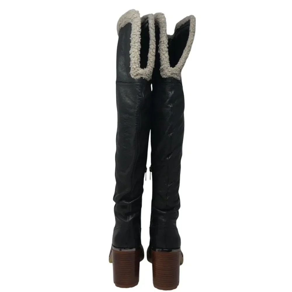 Vince Camuto Gambrel Black Leather‎ Over The Knee Stacked Heel Boots Womens 8